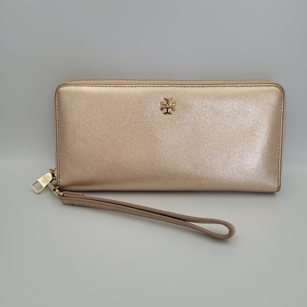 Tory Burch Emerson Zip Continental Wallet Rose Gold Saffiano Leather Wristlet